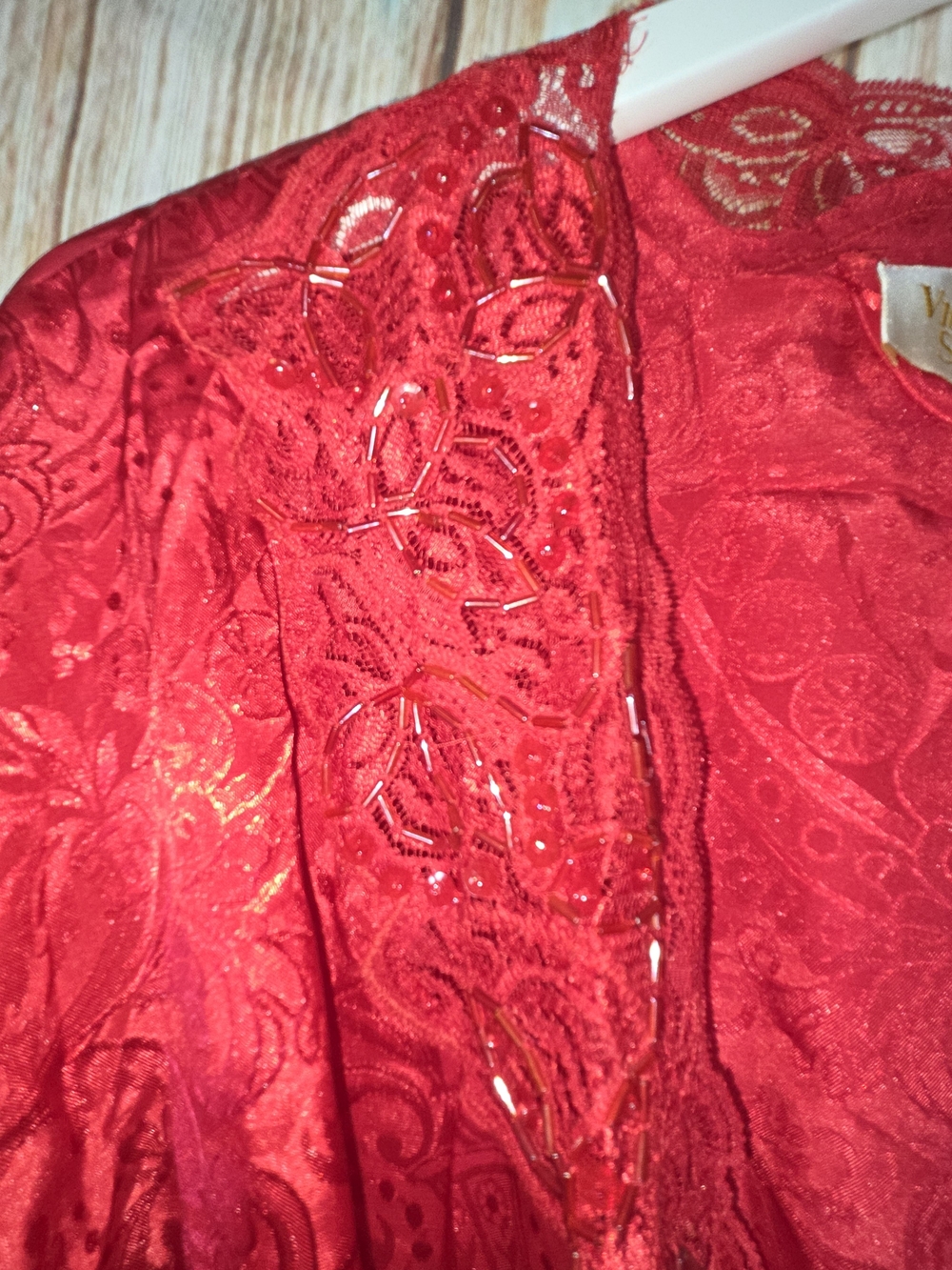 Vintage Victoria Secret Red Satin Lace Beaded Robe One Size Gold Label - Picture 2 of 5
